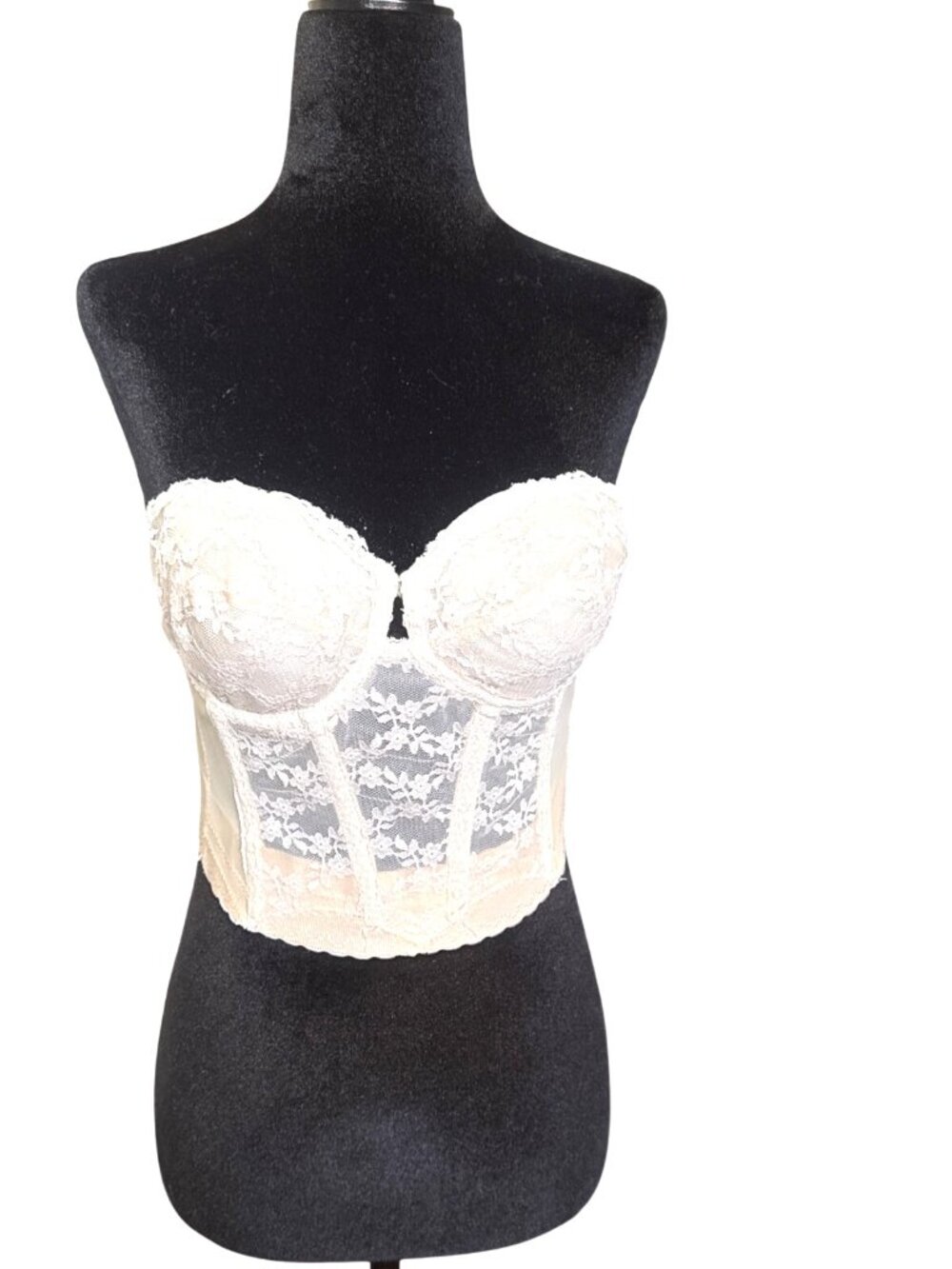 Vintage Lace Bustier Corset 34B Strapless Boned Coquette Cream Sexy Lingerie Top